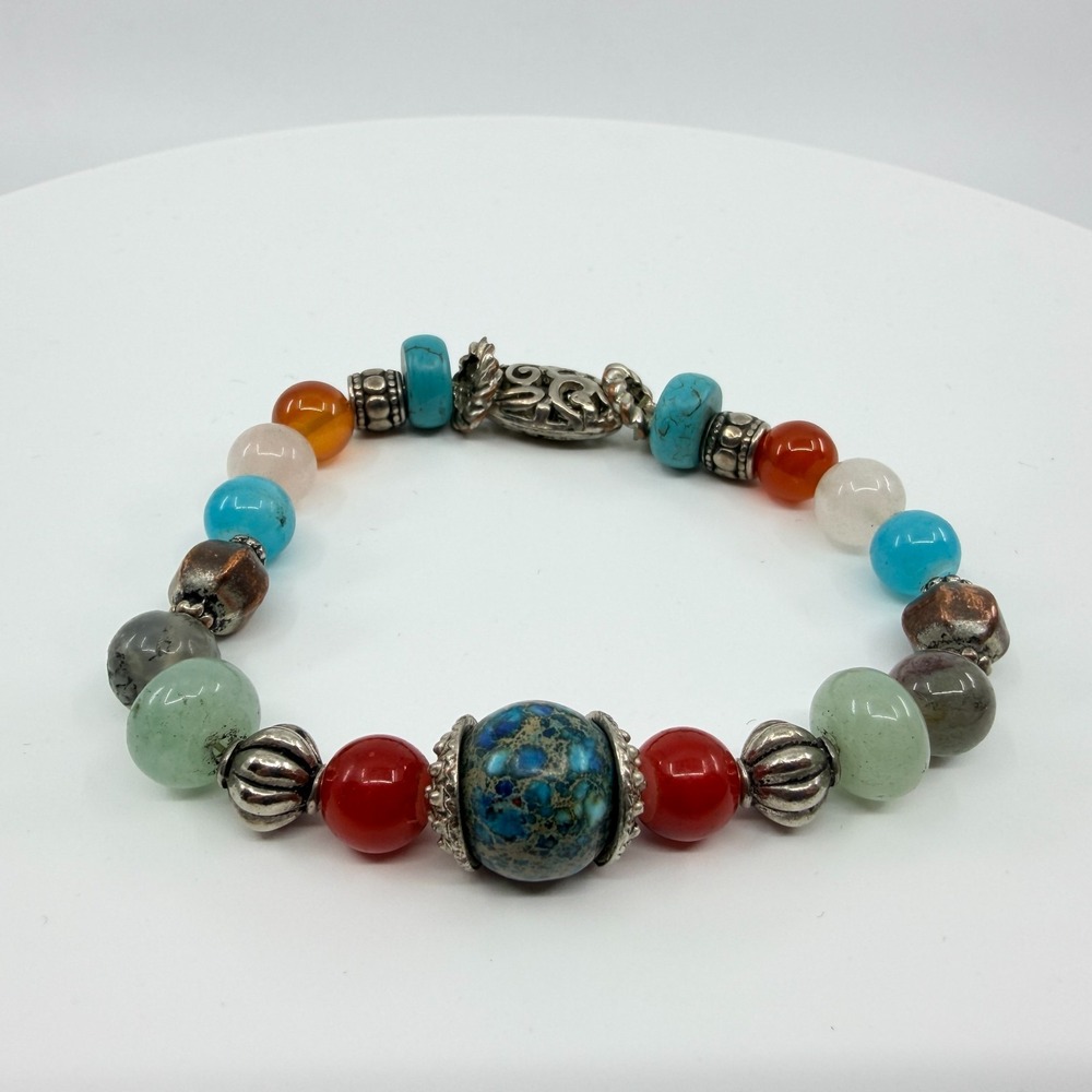 Vintage Y2K Multi Gemstone Beaded Bracelet Silver Tone Boho Chunky Statement